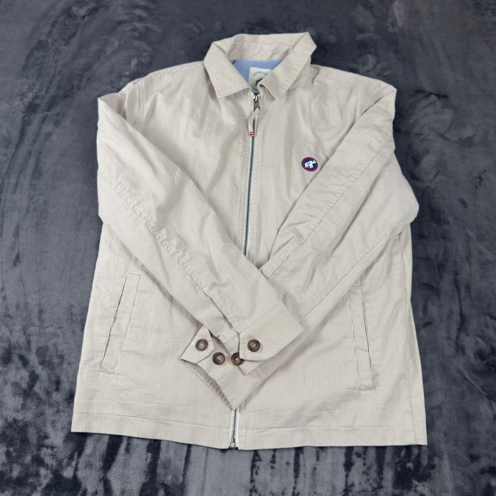 Peter Polo Harrington Jacket Mens Small Tan Pinstripe Full Zip Elephant Logo